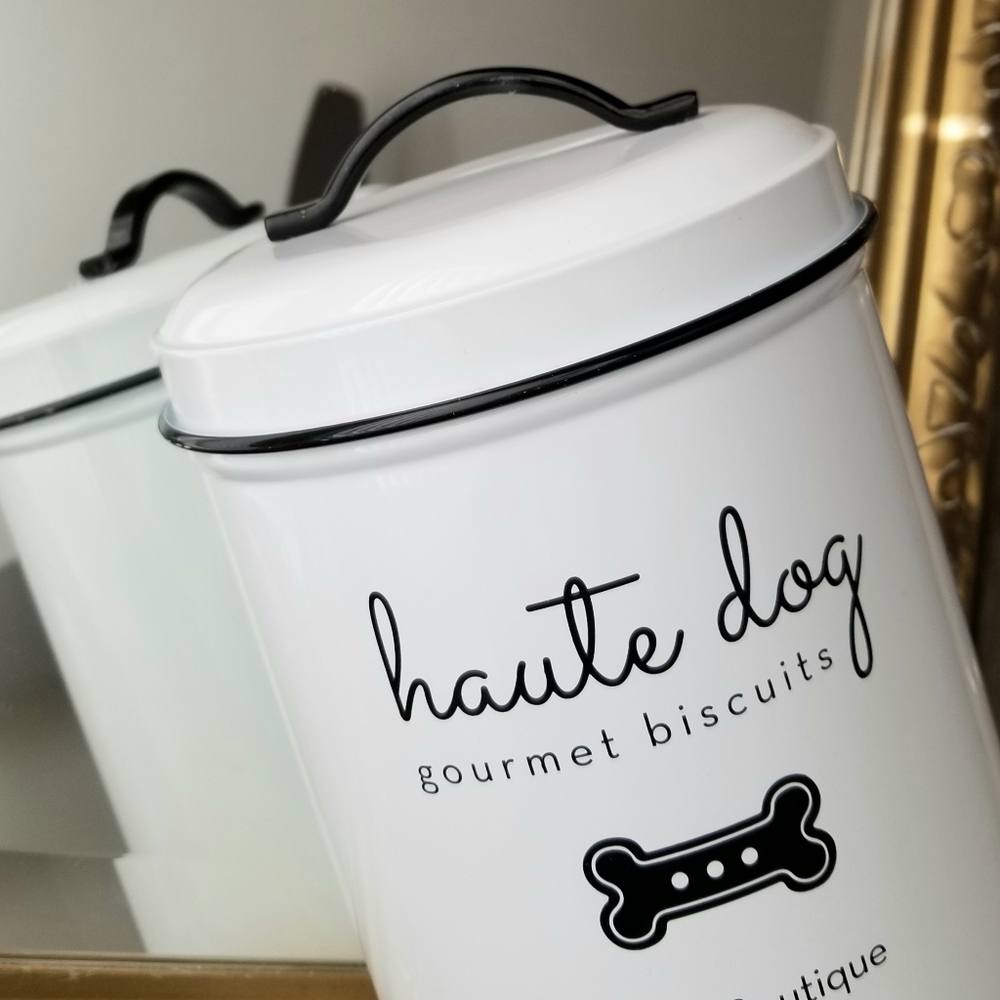 ❗Metal White and Black Dog Treat Jar with Top Handle❗